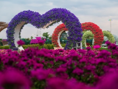Lavish outdoor flower garden with mounds of colorful flowers in heart-shaped structures.