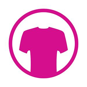 A wave-pink circle with a t-shirt icon in the center.