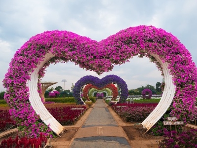 Lavish outdoor flower garden with mounds of colorful flowers in heart-shaped structures.