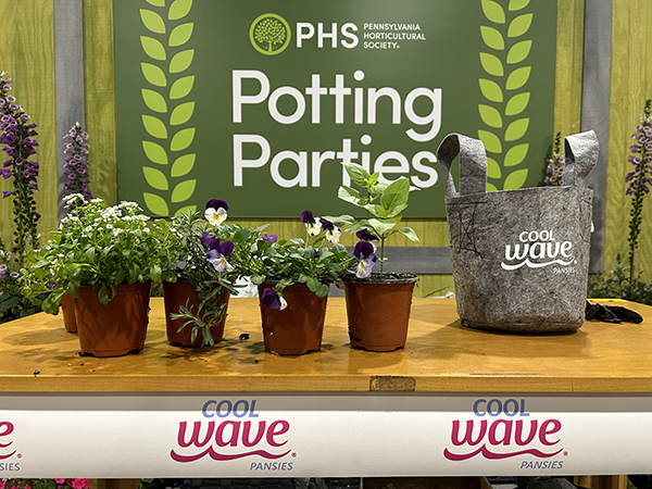 A wooden demonstration table with Cool Wave Pansies and other flowers in front of a sign: Potting Parties 