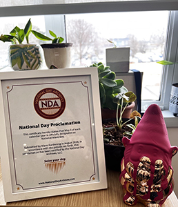 Pink-painted gnome with framed certificate and potted plants on a desk