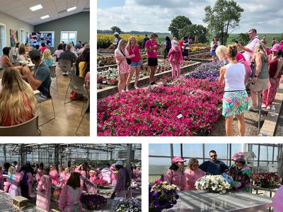 Collage of people visiting a garden and greenhouse